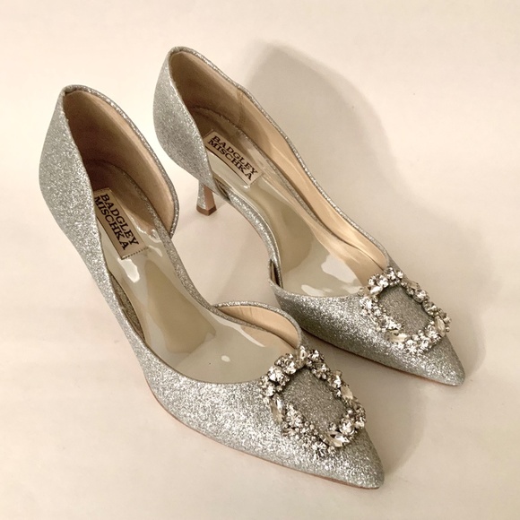 Badgley Mischka Fabia II Kitten Heels Crystal Buckle Pointed Toe Silver Shoes 7 - Picture 12 of 16